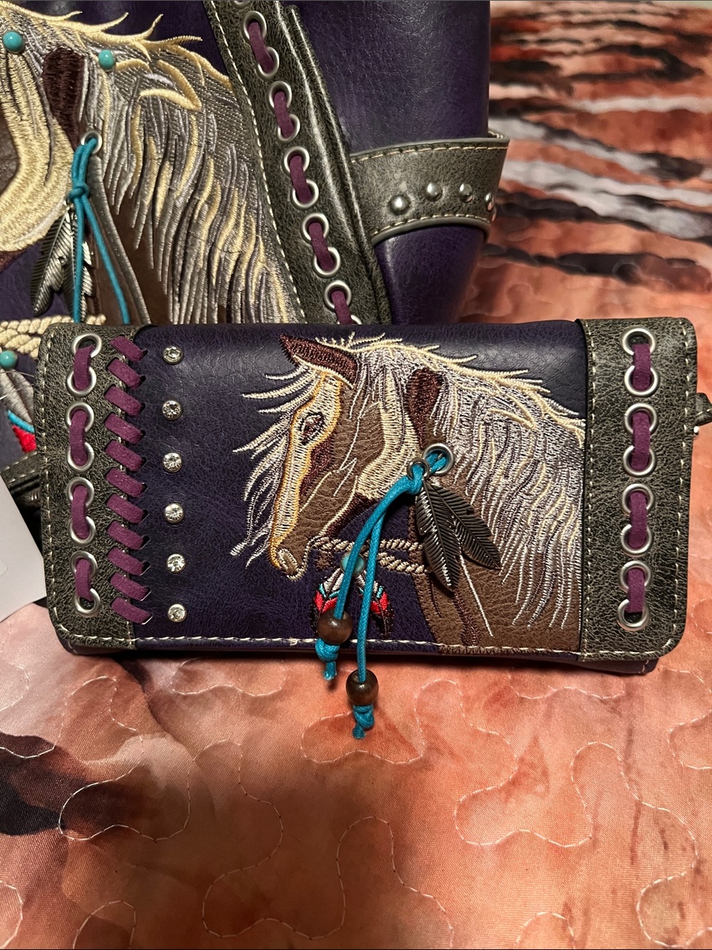 Purple Horse-Embroidered Women’s Tote Bag and Wallet Set - Picture 2 of 3